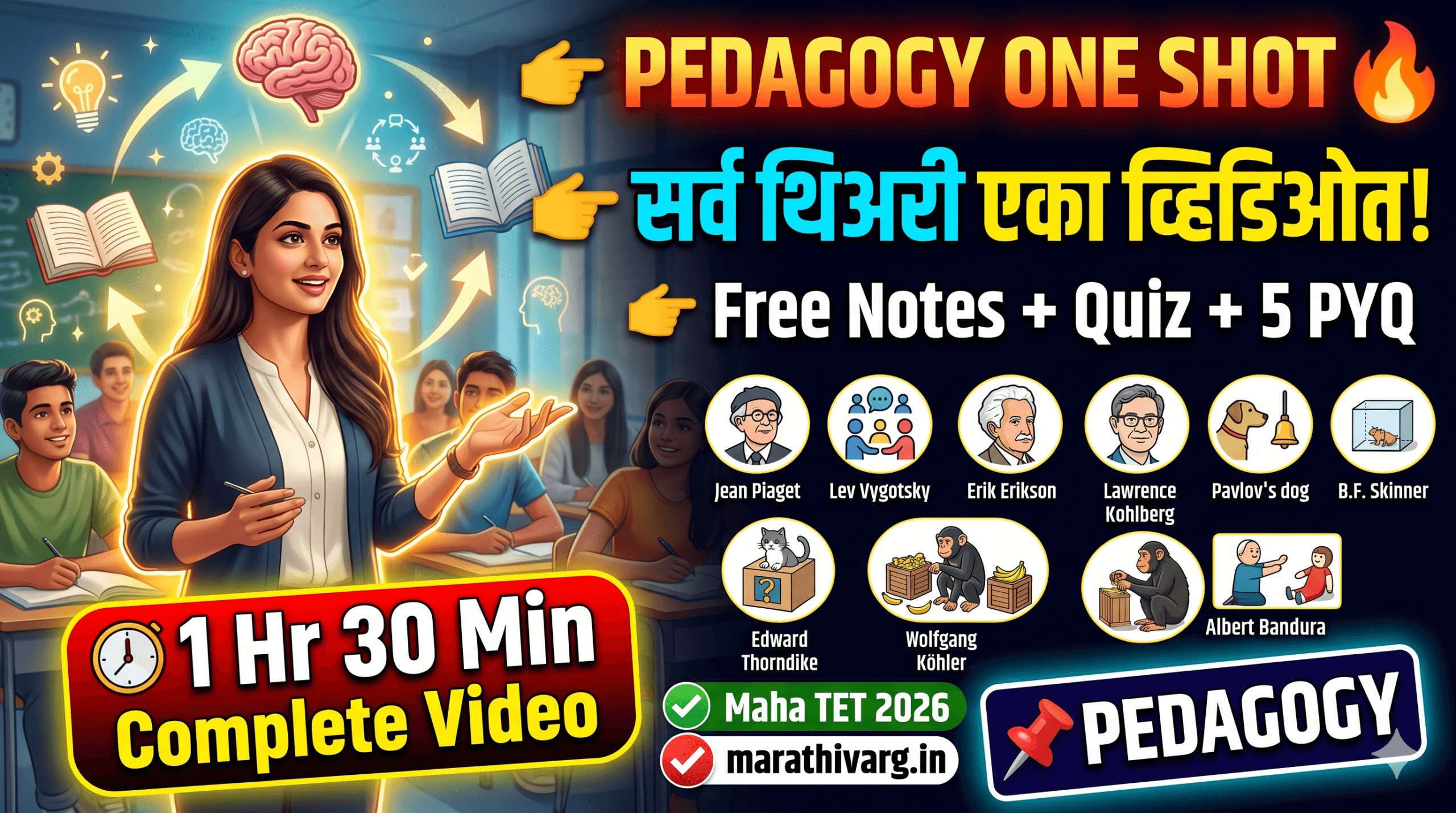ही पोस्ट Maha TET, CTET आणि TAIT सारख्या शिक्षक भरती परीक्षांसाठी तयारी करणाऱ्या विद्यार्थ्यांसाठी अत्यंत उपयुक्त आहे. विशेषतः बाल विकास आणि अध्यापनशास्त्र (CDP) या विषयातील Pedagogy भाग समजून घेण्यासाठी ही एक one-stop solution आहे. या पोस्टमध्ये सर्व महत्त्वाच्या मानसशास्त्रज्ञांच्या theories सोप्या आणि समजण्यासारख्या भाषेत मांडल्या आहेत, ज्यामुळे विद्यार्थ्यांना concept clear करण्यास मोठी मदत होते. PEDAGOGY One Shot 🔥 सर्व थिअरी एका ठिकाणी | Maha TET / CTET 2026 | Free Notes + Quiz